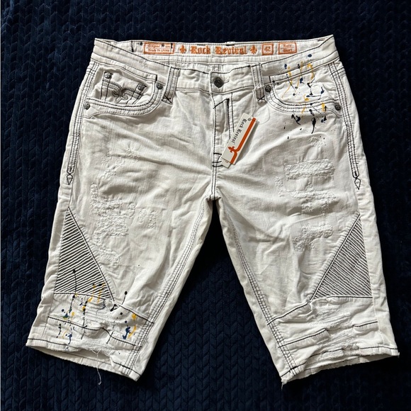 Rock Revival Men’s Jeans Rodd White Distressed Splash Shorts Size‎ 42 NWT - Picture 1 of 16